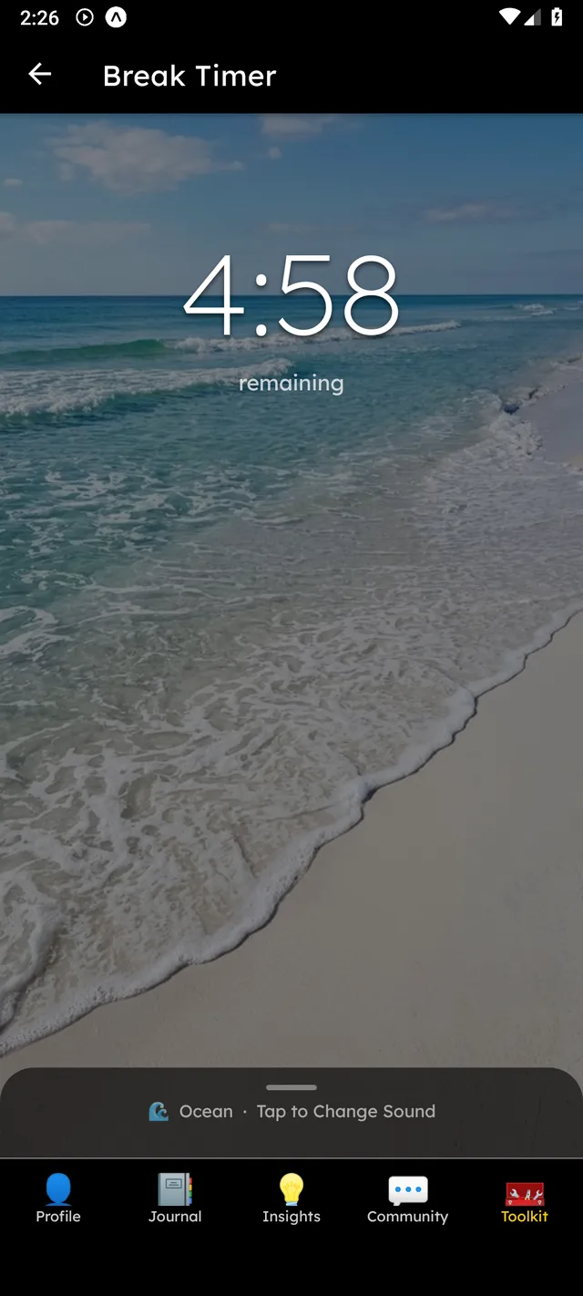 DealtIn Break Timer counting down over a calming sunset background