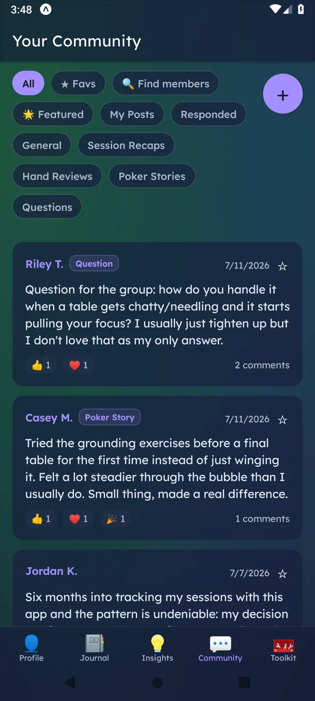 DealtIn community feed showing posts across categories like Hand Review, Poker Story, and Question
