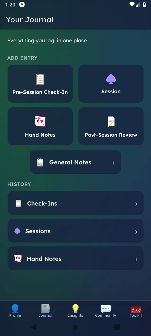 DealtIn Journal screen with Pre-Session Check-In, Session, Hand Note, and Post-Session Review entries