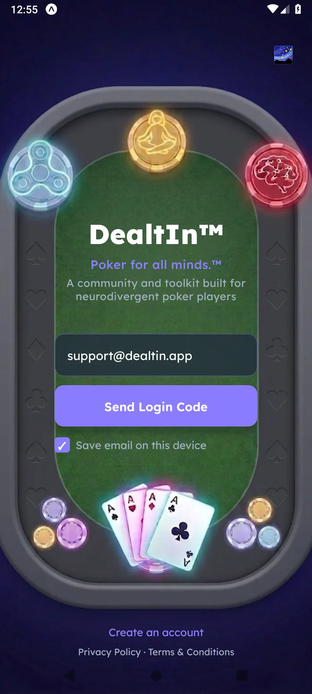 DealtIn login screen in Sensory Flow theme
