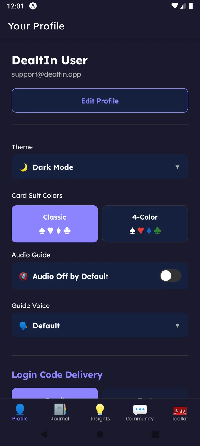 DealtIn Profile screen in Dark theme