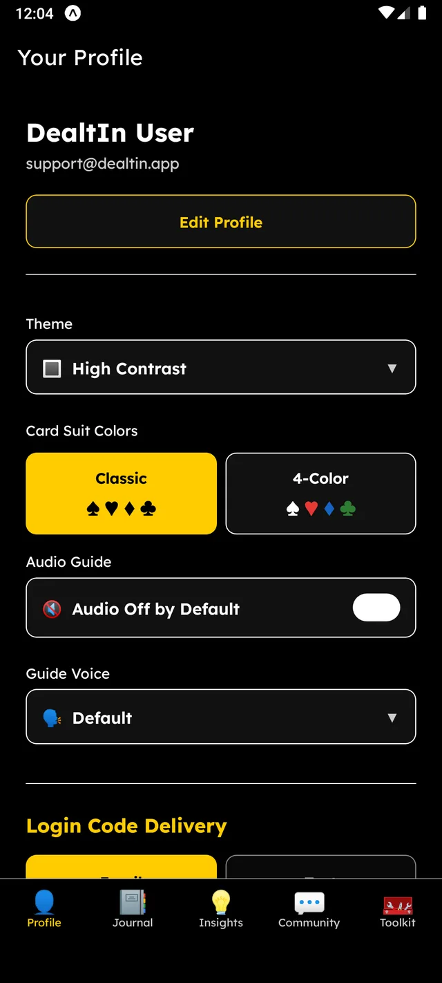 DealtIn Profile screen in High Contrast theme