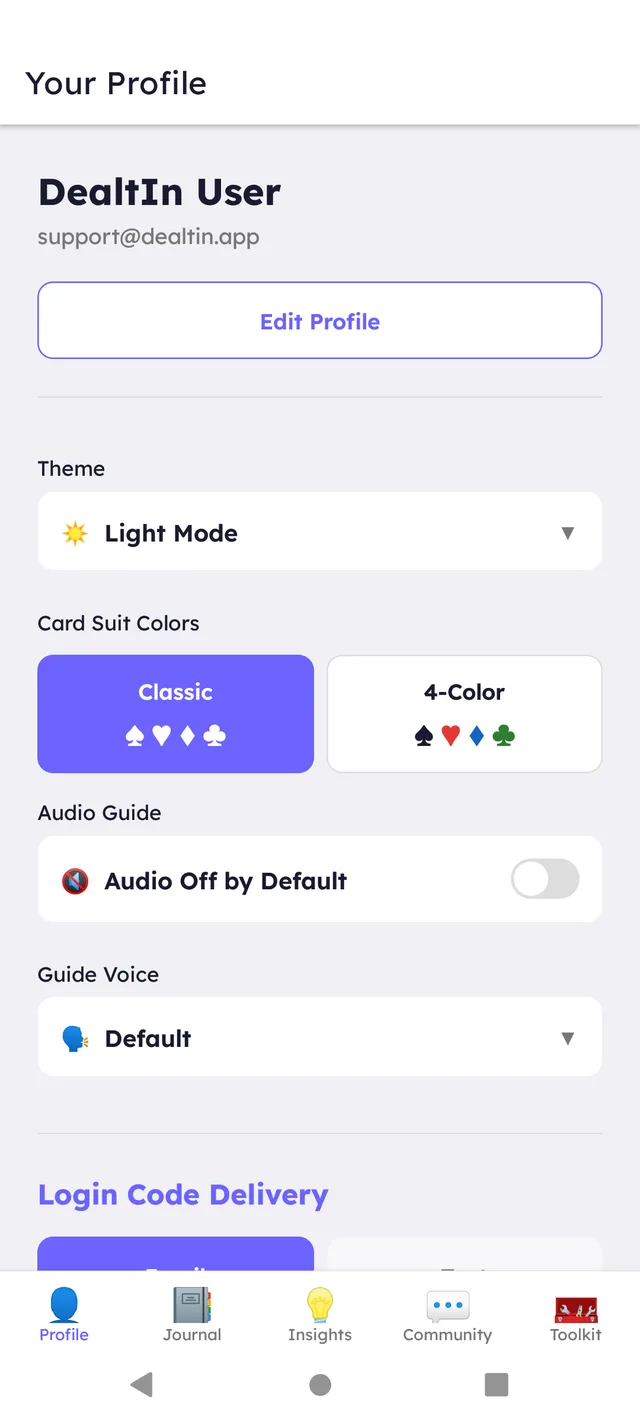 DealtIn Profile screen in Light theme