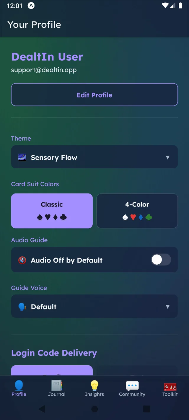 DealtIn Profile screen in Sensory Flow theme