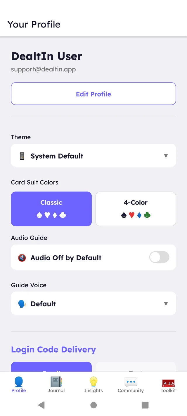 DealtIn Profile screen in System Default theme